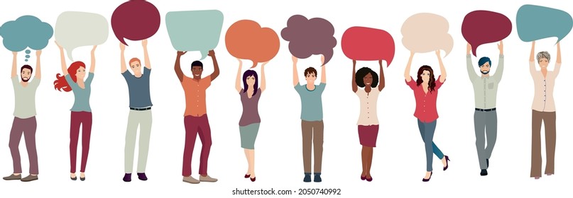 Group of multicultural and smiling young people of friends or coworkers colleagues - with raised arms holding blank speech bubble in hand. Communication and cooperation. Racial equality