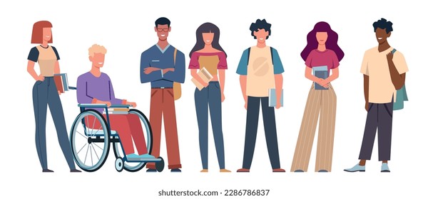 Grupo de estudiantes multiculturales, discapacitados sentados en silla de ruedas. Jóvenes con ropa moderna de pie. Adolescentes en la universidad o en la universidad caricatura ilustración plana. Concepto de vector