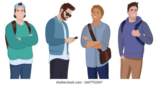 Group of multicultural students flat vector illustration. Young boys holding books and laptop isolated characters on white background. Happy teenager in casual clothes. Youth lifestyle.
