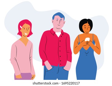 Group of multicultural students flat vector illustration. Young girls and boys holding laptop isolated characters on white background. Happy teenager in casual clothes. Youth lifestyle.