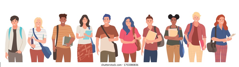 Group of multicultural students flat vector illustration. 
Young girls and boys holding books  isolated characters 
on white background. Happy teenager in casual clothes. Youth lifestyle.