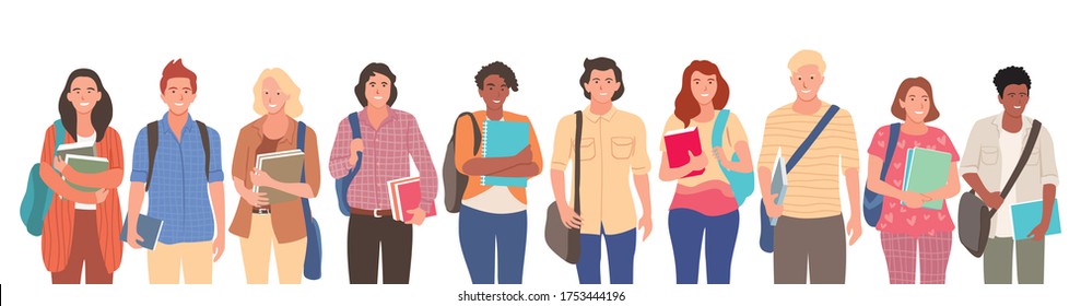 Group of multicultural students flat vector illustration. 
Young girls and boys holding books laptop isolated characters 
on white background. Happy teenager in casual clothes. Youth lifestyle.