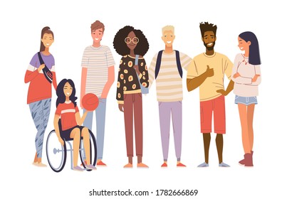 Group of multicultural students flat vector illustration. Laughing young girls and boys isolated characters on white background. Disabled girl sitting in a wheelchair. Happy teenager in casual clothes