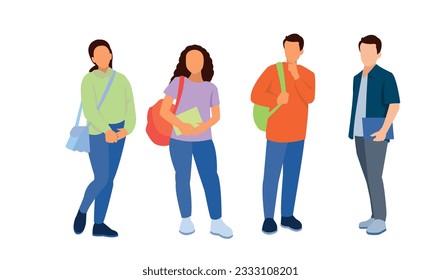 Group of multicultural students flat vector illustration. Young girls and boys holding books and laptop isolated characters on white background. Happy teenager in casual clothes. Youth lifestyle