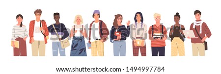 Group of multicultural students flat vector illustration. Young girls and boys holding books and laptop isolated characters on white background. Happy teenager in casual clothes. Youth lifestyle.