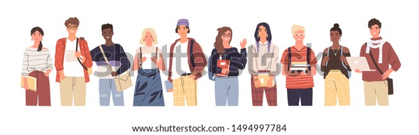 Group of multicultural students flat vector\
illustration. Young girls and boys holding books and laptop\
isolated characters on white background. Happy teenager in casual\
clothes. Youth\
lifestyle.