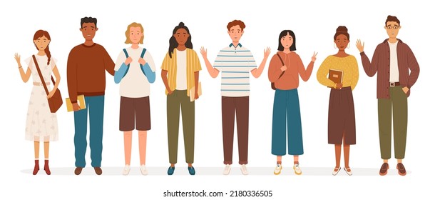 Group of multicultural students in full growth flat vector illustration. Happy teenager in casual clothes. Youth lifestyle. International Youth Day. Young girls and boys holding books and backpacks