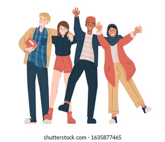 Group of multicultural students. Happy young students in casual clothes embracing each other, waving hands 