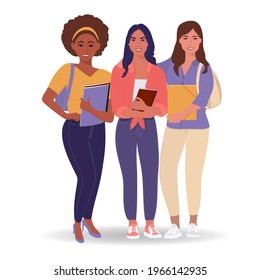 A group of multicultural students. Happy young girls with books. Isolated characters on a white background. Vector illustration in cartoon style.
