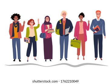 Group of multicultural students holding books and laptop. Flat vector illustration. Young girls and boys isolated on white background. 