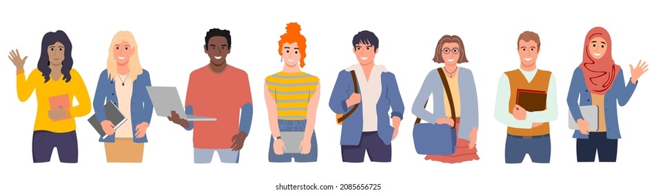 Group of multicultural students. Portrait of happy young people. Young girls and boys holding books and laptop isolated characters on white. Teenager in casual clothes. flat vector illustration. 