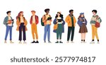 Group of multicultural students in vector illustration. Young people holding books and chatting. Students vector illustration isolated on white background.
