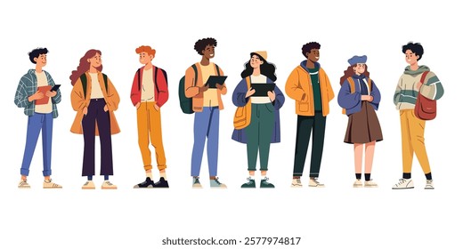 Group of multicultural students in vector illustration. Young people holding books and chatting. Students vector illustration isolated on white background.