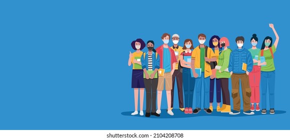 Group of multicultural students wearing face mask, dressed casual and holding books, vector illustration