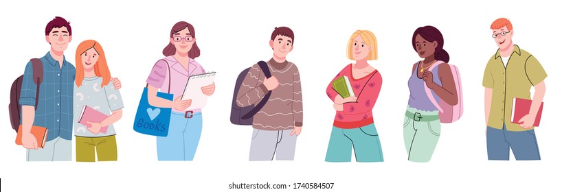 Group of multicultural students.Happy  teenage boys and girls or school friends in casual clothes.Happy students isolated on white background. Flat cartoon vector illustration.