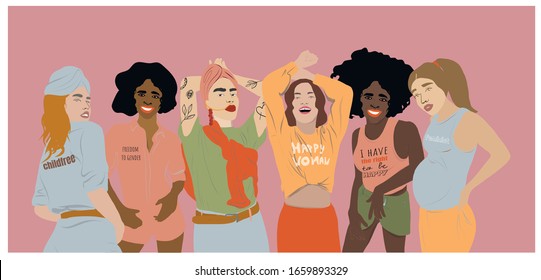 Group of multicultural trendy girls standing together. Pregnant woman. Feminism activist. Happy smiling positive friends different nationalities. 