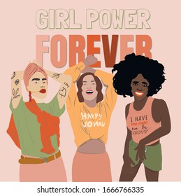 Group of multicultural trendy girls standing together. Feminism activist. Happy smiling positive friends different nationalities. Girl power forever. 