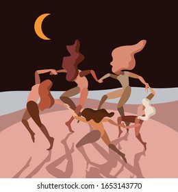 Group of multicultural woman dancing under the moonlight in a circle. Celebration. International Woman's Day. Female Tribe. Flat Vector Illustration.