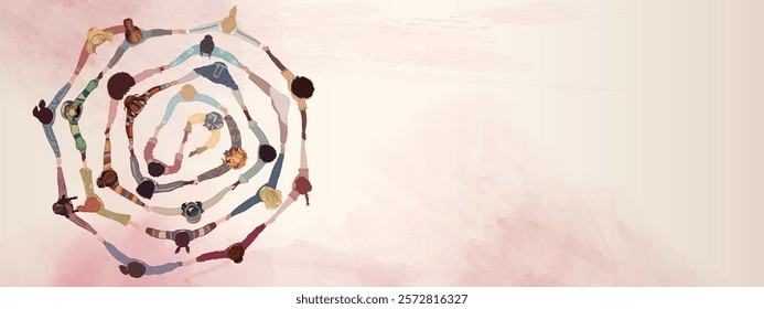 Group of multicultural women in circle holding hands. International women s day. Diversity - inclusion - equality - girl power or empowerment concept