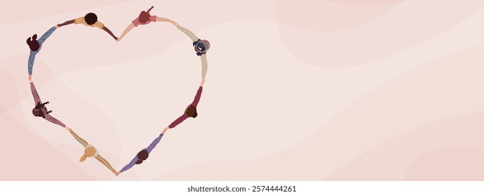 Group of multicultural women in circle holding hands forming a heart shape. International women s day. Diversity - inclusion - equality - girl power or empowerment concept. Top view