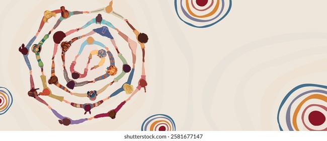 Group of multicultural women in a circle holding hands. Female social community. Equality Inclusion Empowerment Girl Power. Women s day. Banner Copy space. Top view