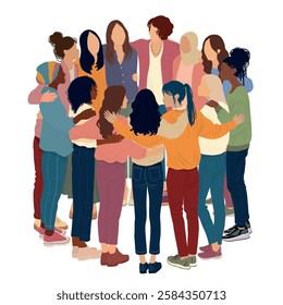 Group of multicultural women embracing in a circle. Diversity - inclusion - equality - girl power or empowerment concept.  International women s day. Isolated