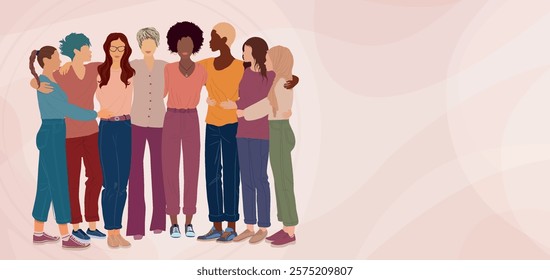 Group of multicultural women embracing. Diversity - inclusion - equality - girl power or empowerment concept.  International women s day