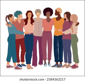 Group of multicultural women embracing. Diversity - inclusion - equality - girl power or empowerment concept.  International women s day. Isolated