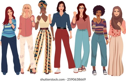 Group of multicultural women with raised fist. Diversity - inclusion - equality - girl power or empowerment concept. International women s day. Front view. Isolated