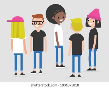 Group of multicultural young people: front, side and back view. Millennials. Lifestyle. Flat editable vector illustration, clip art