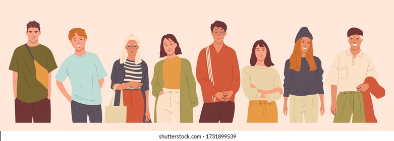 Group of multicultural young people. Happy girls and boys, Happiness and friendship, Cartoon characters set. Flat vector illustration.