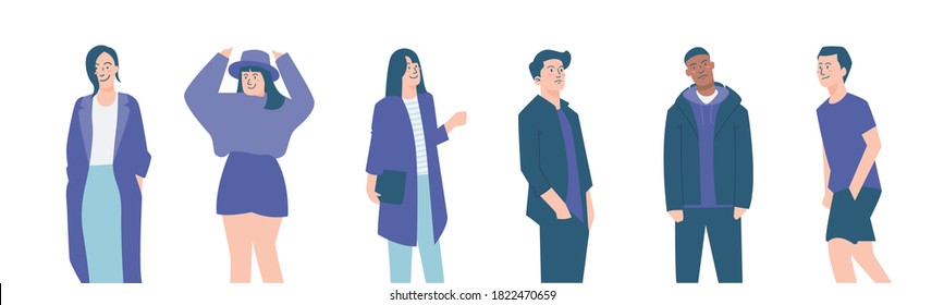 Group of multicultural Youth. Flat people vector illustration. Young girl and boy characters on white background. Happy teenagers in casual clothing outfits. Youth lifestyle. Youth day vector