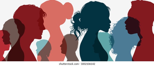 Group of multi-ethnic business co-workers and colleagues. Silhouette of diversity people side. Community of friends. Cooperation and collaboration. Teamwork partnership organization. Color