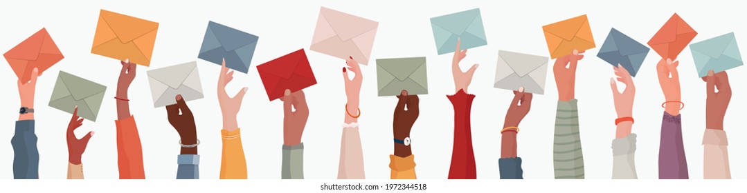 Group of multi-ethnic business people with raised arms holding an envelope. Colleagues or co-workers or friends.Diverse races and cultures. Email exchange.Share messages and information