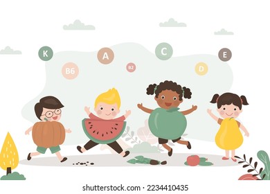 Group of multiethnic children dressed as fruits. Team of happy healthy kids, proper nutrition. Fruit mix, food containing many useful vitamins, nutrition for growing organism. Flat vector illustration