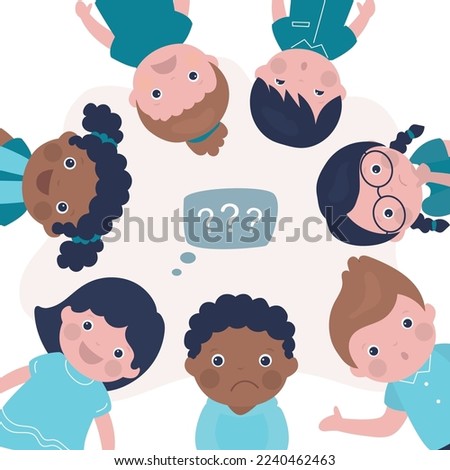 Group of multiethnic children solve problem or search answers on difficult question. Little students with different emotions. Classmates overcome learning difficulties. Funny preschoolers. Flat vector Photo stock © 
