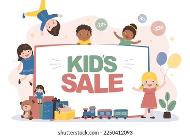 Group of multiethnic children stand near large placard - kids sale. Promotion campaign, marketing. Toy store is having sale. Discounts on children goods and toys. Kids happy with new purchases. vector