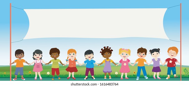 Group of multiethnic diverse children holding hands. Diversity and culture. Unity and friendship. Community of children with different nationalities. Multicultural kindergarten. Copy space