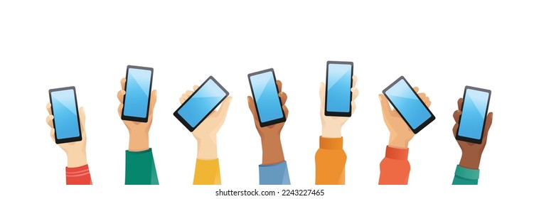 Group of multiethnic diverse hands holding phones in different clothes and skin color vector illustration isolated