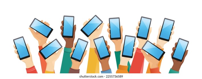 Group of multiethnic diverse hands holding phones in different clothes and skin color vector illustration isolated