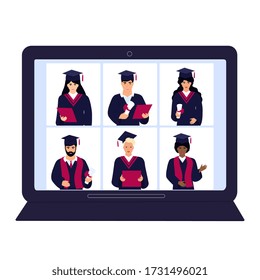 A group of multiethnic graduates in gowns and mortarboards celebrate graduation during coronavirus quarantine. Virtual online ceremony on a laptop monitor. Zoom conference