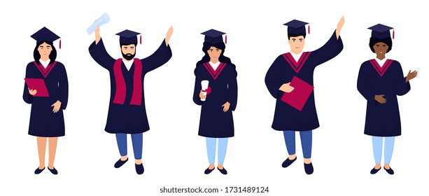 A group of multiethnic graduates in graduation gowns and mortarboards celebrate completion of studies. Class of 2020