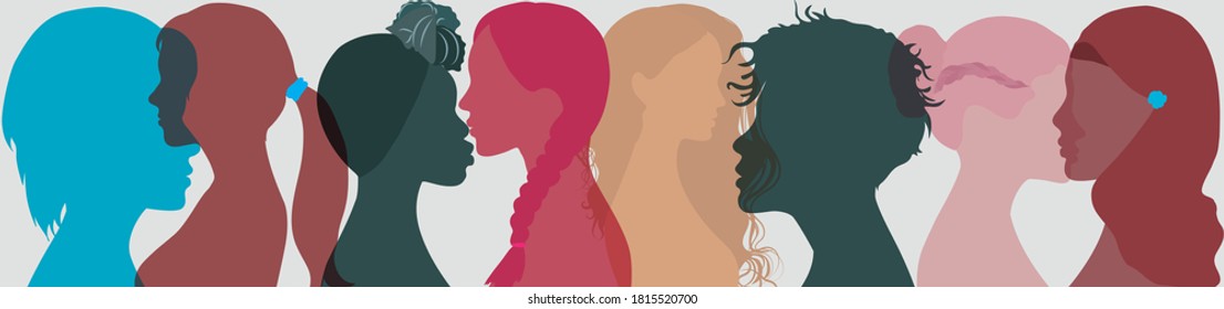 Group multi-ethnic and international women and girl who communicate and share information. Head face silhouette profile. Social network female community. Friendship of diverse cultures