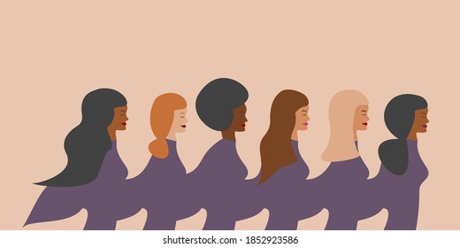 Group of multi-ethnic, interracial women holding hands standing together. Feminism concept, stronger together, women empowerment, international women day, diversity and equality