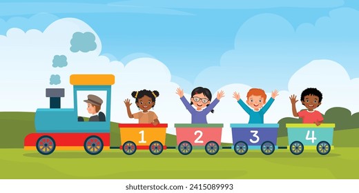 Group of multi-ethnic kids on colorful train with numbers