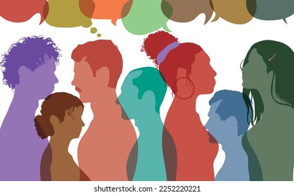 Grupo de personas multiétnicas y multiculturales. Comunicación en comunidad. Diálogo e información. Gente de la diversidad. Ilustración vectorial plana