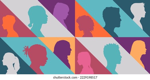Group of multiethnic and multicultural people. Racial equality concept. Human profile silhouette.	