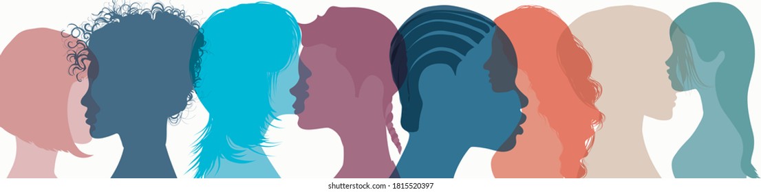 Group of multiethnic and multiracial women and girls who communicate and share information on social network and community. Female diversity. Head face silhouette profile. Friendship