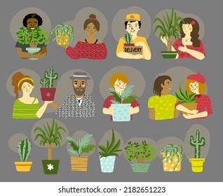 Group of multiethnic people with different houseplants, flat style vector illustration set