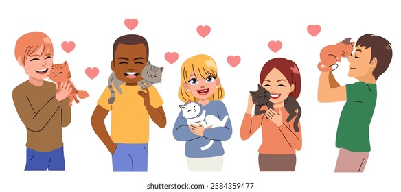 Group of multi-ethnic people holding, embracing and showing love to their pet cats togetherness concept vector illustration